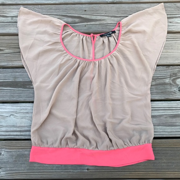 Forever21 Women Top Blouse Shirt Tan Pink Size M/M - Picture 2 of 8